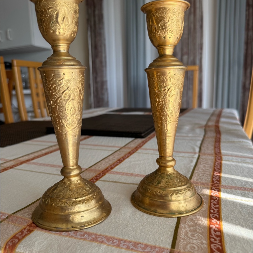 Ornate Gold Brass Candle Holders with Intricate Patterns. Hand carved.